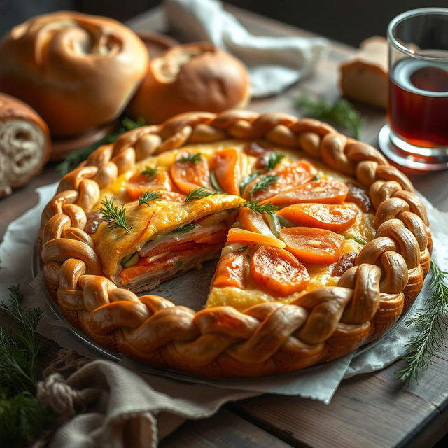 A visually stunning and delicious Kulebyaka, a traditional Russian salmon pie, made with whole wheat dough