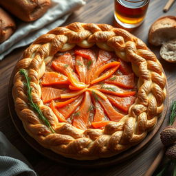 A visually stunning and delicious Kulebyaka, a traditional Russian salmon pie, made with whole wheat dough