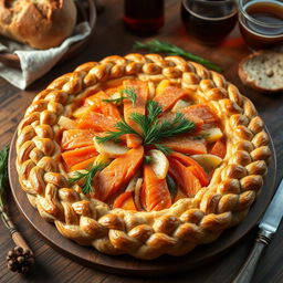 A visually stunning and delicious Kulebyaka, a traditional Russian salmon pie, made with whole wheat dough