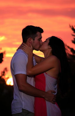 A romantic scene featuring a man and a woman passionately kissing under a beautiful sunset