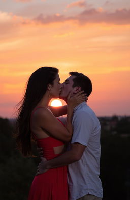 A romantic scene featuring a man and a woman passionately kissing under a beautiful sunset