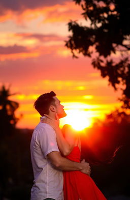 A romantic scene featuring a man and a woman passionately kissing under a beautiful sunset