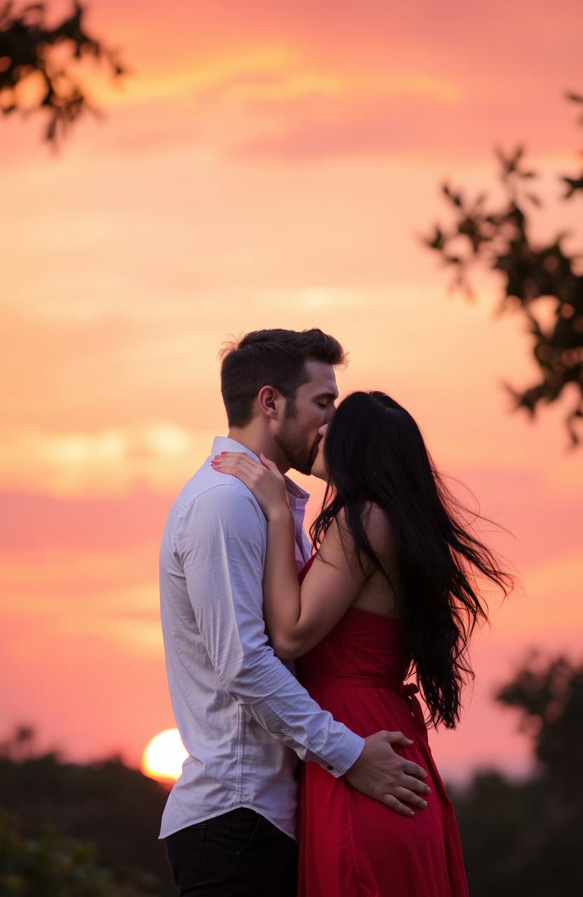 A romantic scene featuring a man and a woman passionately kissing under a beautiful sunset