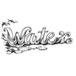 A detailed black and white drawing of a river elegantly flowing to form the words 'W', 'a', 't', 'e', and 'r'