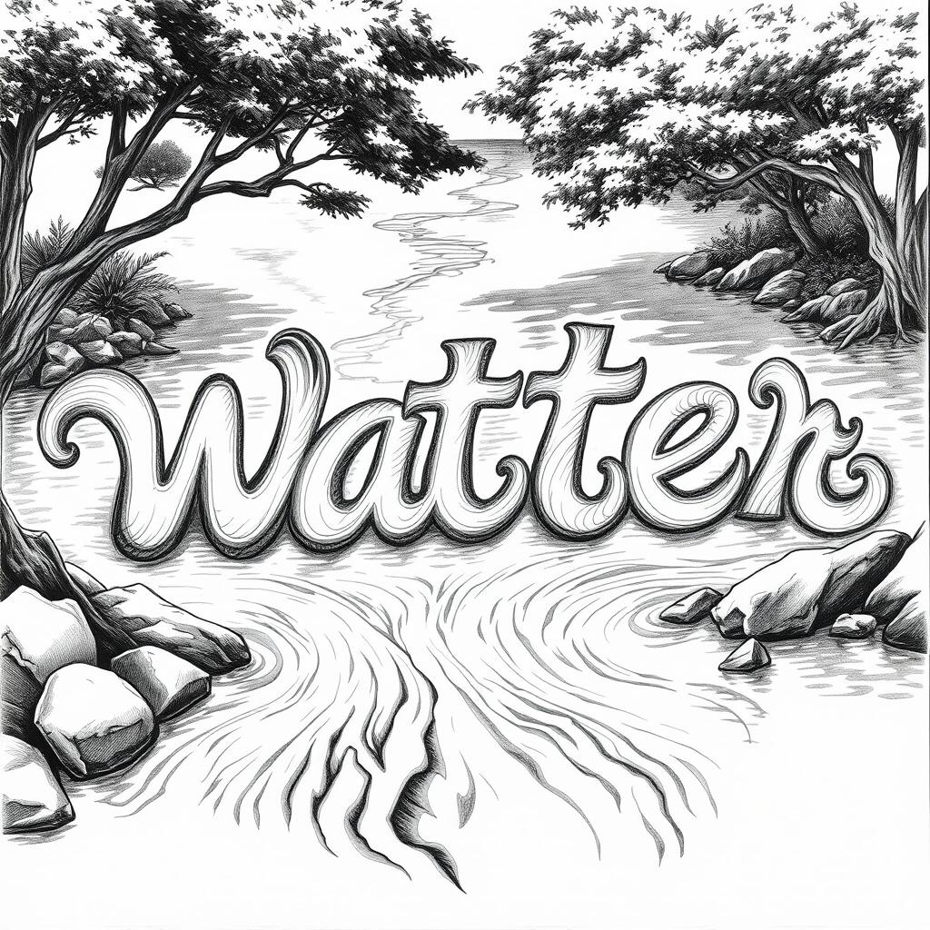 A detailed black and white drawing of a river elegantly flowing to form the words 'W', 'a', 't', 'e', and 'r'
