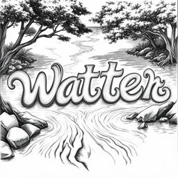 A detailed black and white drawing of a river elegantly flowing to form the words 'W', 'a', 't', 'e', and 'r'
