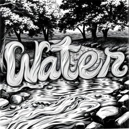 A detailed black and white drawing of a river elegantly flowing to form the words 'W', 'a', 't', 'e', and 'r'