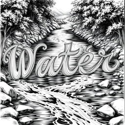 A detailed black and white drawing of a river elegantly flowing to form the words 'W', 'a', 't', 'e', and 'r'
