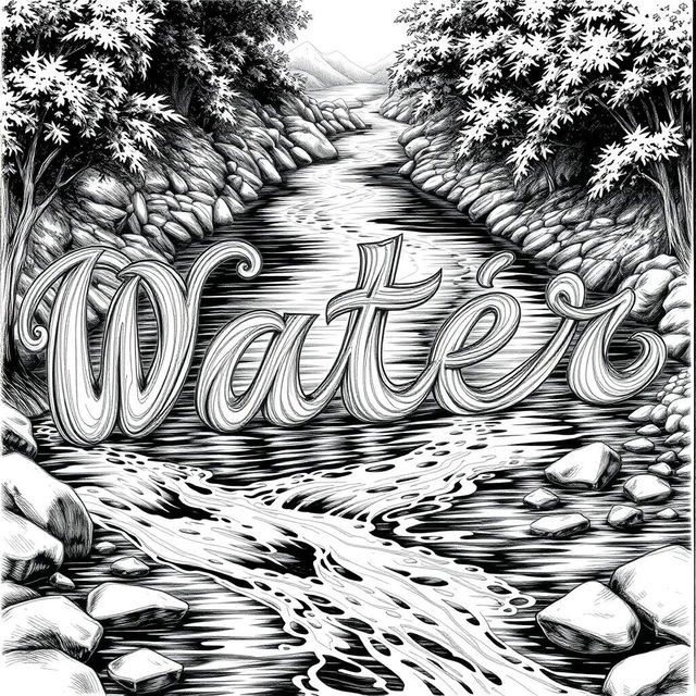 A detailed black and white drawing of a river elegantly flowing to form the words 'W', 'a', 't', 'e', and 'r'