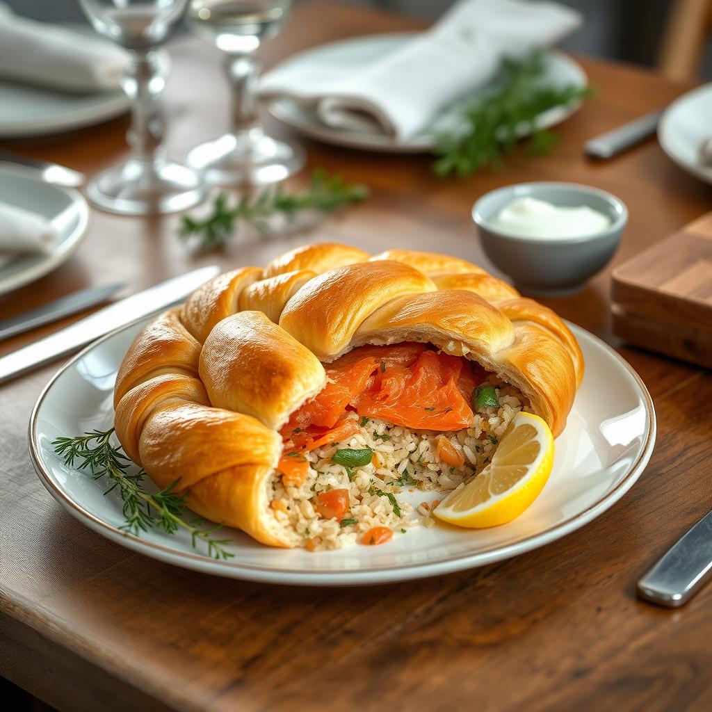 A beautifully plated Kulebyaka, a traditional Russian fish pie made with whole wheat dough