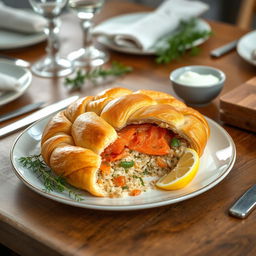 A beautifully plated Kulebyaka, a traditional Russian fish pie made with whole wheat dough