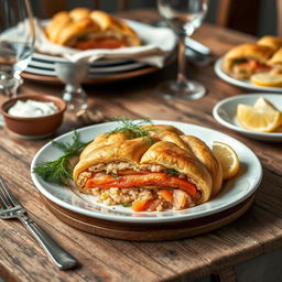 A beautifully plated Kulebyaka, a traditional Russian fish pie made with whole wheat dough