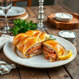 A beautifully plated Kulebyaka, a traditional Russian fish pie made with whole wheat dough