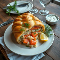 A beautifully plated Kulebyaka, a traditional Russian fish pie made with whole wheat dough