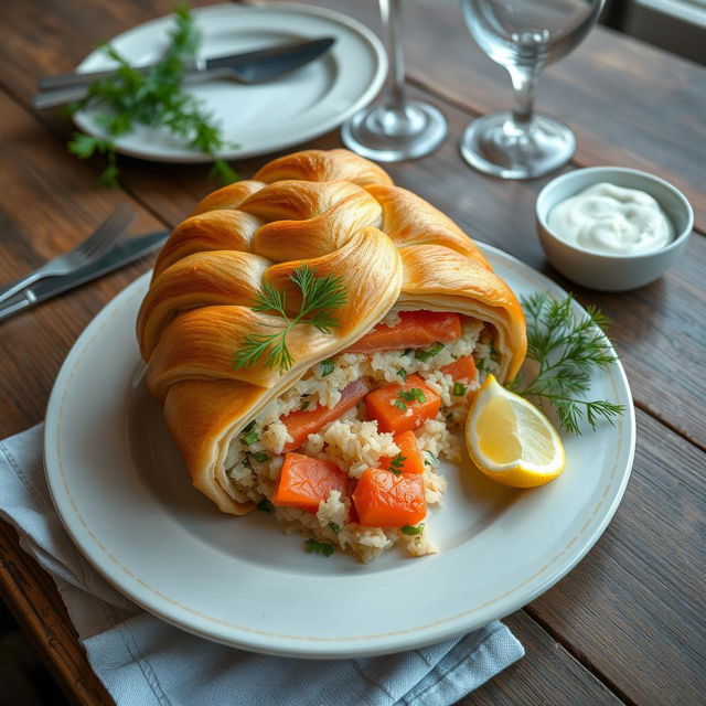 A beautifully plated Kulebyaka, a traditional Russian fish pie made with whole wheat dough