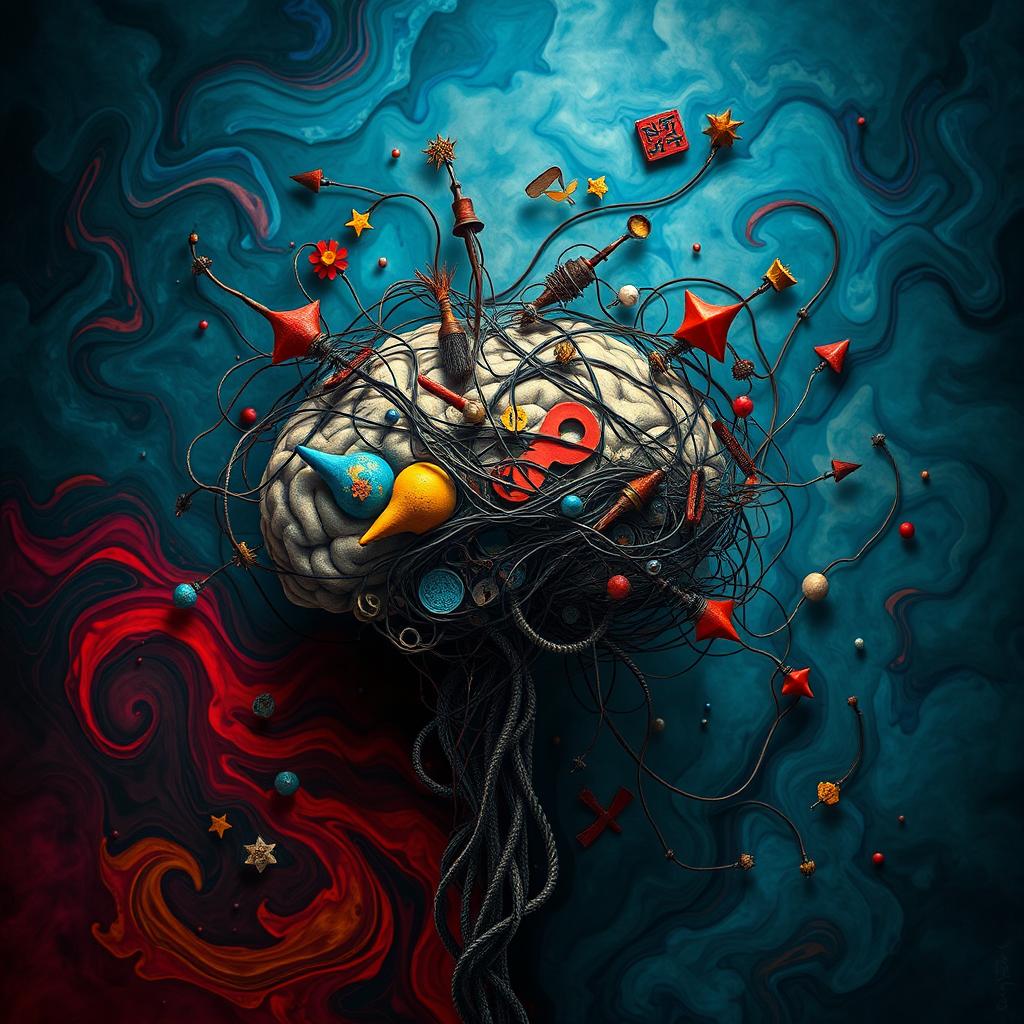 An abstract representation of 'dysfunctional minds' portrayed through intricate, chaotic patterns and vivid colors
