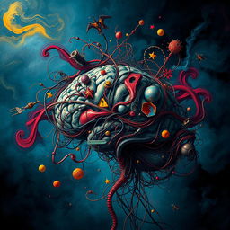 An abstract representation of 'dysfunctional minds' portrayed through intricate, chaotic patterns and vivid colors