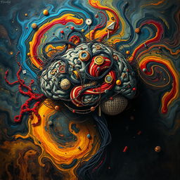 An abstract representation of 'dysfunctional minds' portrayed through intricate, chaotic patterns and vivid colors