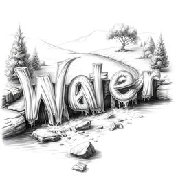 A realistic black and white drawing of a river flowing gracefully to form the words 'W', 'a', 't', 'e', and 'r'