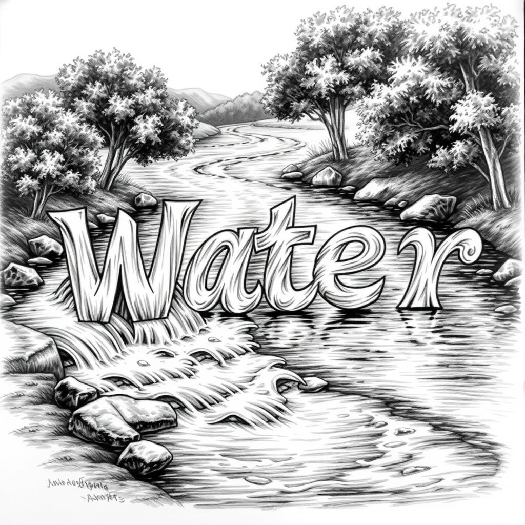 A realistic black and white drawing of a river flowing gracefully to form the words 'W', 'a', 't', 'e', and 'r'