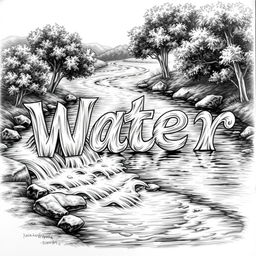 A realistic black and white drawing of a river flowing gracefully to form the words 'W', 'a', 't', 'e', and 'r'