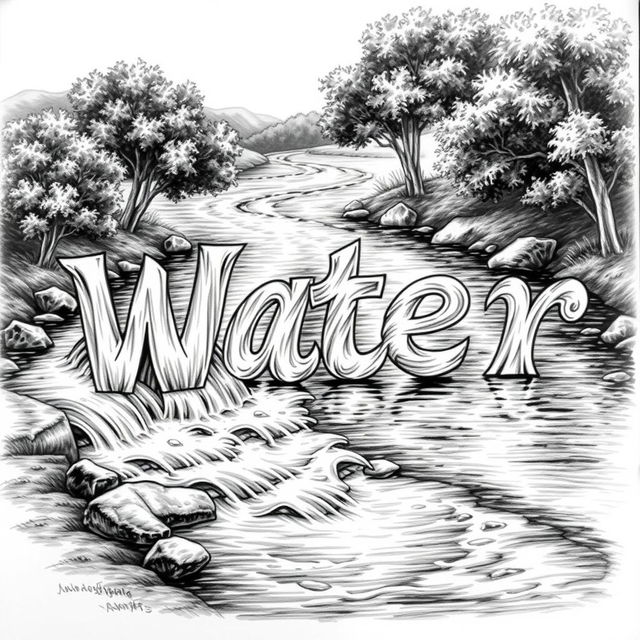 A realistic black and white drawing of a river flowing gracefully to form the words 'W', 'a', 't', 'e', and 'r'