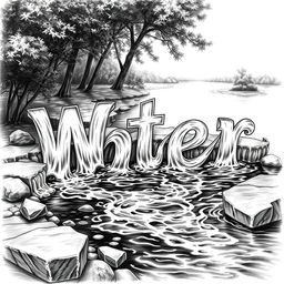 A realistic black and white drawing of a river flowing gracefully to form the words 'W', 'a', 't', 'e', and 'r'
