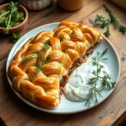 A beautifully arranged plate of Kulebyaka, a traditional Russian pie made with whole wheat dough, stuffed with salmon, rice or buckwheat, mushrooms, and herbs