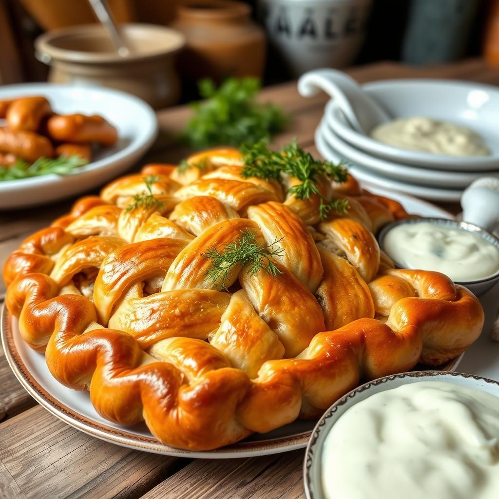 A beautifully arranged plate of Kulebyaka, a traditional Russian pie made with whole wheat dough, stuffed with salmon, rice or buckwheat, mushrooms, and herbs