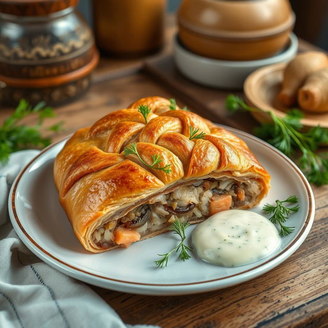 A beautifully arranged plate of Kulebyaka, a traditional Russian pie made with whole wheat dough, stuffed with salmon, rice or buckwheat, mushrooms, and herbs