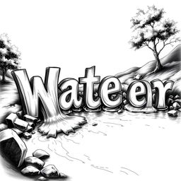A realistic black and white drawing of a river flowing seamlessly to form the words 'W', 'a', 't', 'e', and 'r'