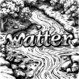 A realistic black and white drawing of a river flowing seamlessly to form the words 'W', 'a', 't', 'e', and 'r'