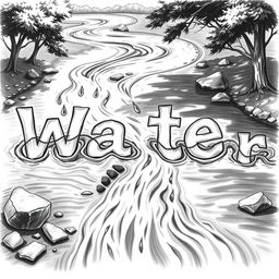 A realistic black and white drawing of a river flowing seamlessly to form the words 'W', 'a', 't', 'e', and 'r'