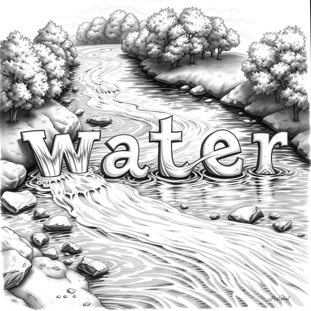 A realistic black and white drawing of a river flowing seamlessly to form the words 'W', 'a', 't', 'e', and 'r'