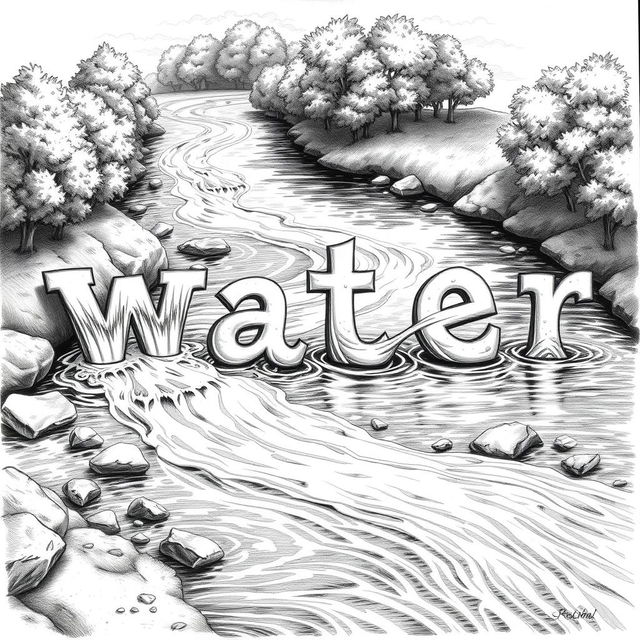 A realistic black and white drawing of a river flowing seamlessly to form the words 'W', 'a', 't', 'e', and 'r'