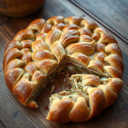 Kulebyaka, a traditional Russian pie made with whole wheat dough, displaying a beautifully golden brown crust