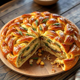 Kulebyaka, a traditional Russian pie made with whole wheat dough, displaying a beautifully golden brown crust