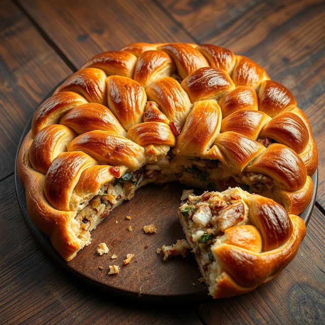 Kulebyaka, a traditional Russian pie made with whole wheat dough, displaying a beautifully golden brown crust