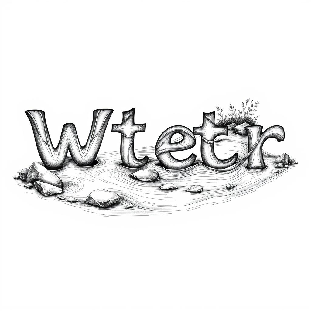 A realistic black and white drawing of a river creatively forming the words 'W', 'a', 't', 'e', and 'r'