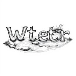 A realistic black and white drawing of a river creatively forming the words 'W', 'a', 't', 'e', and 'r'