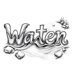 A realistic black and white drawing of a river creatively forming the words 'W', 'a', 't', 'e', and 'r'
