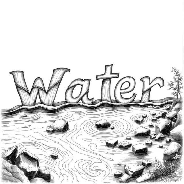 A realistic black and white drawing of a river creatively forming the words 'W', 'a', 't', 'e', and 'r'