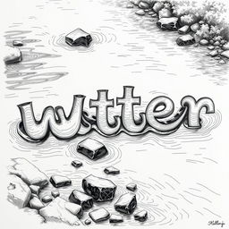 A realistic black and white drawing of a river creatively forming the words 'W', 'a', 't', 'e', and 'r'