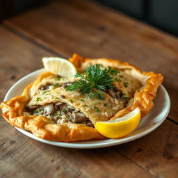 A beautifully arranged plate of Kulebyaka, a traditional Russian dish made with whole wheat dough