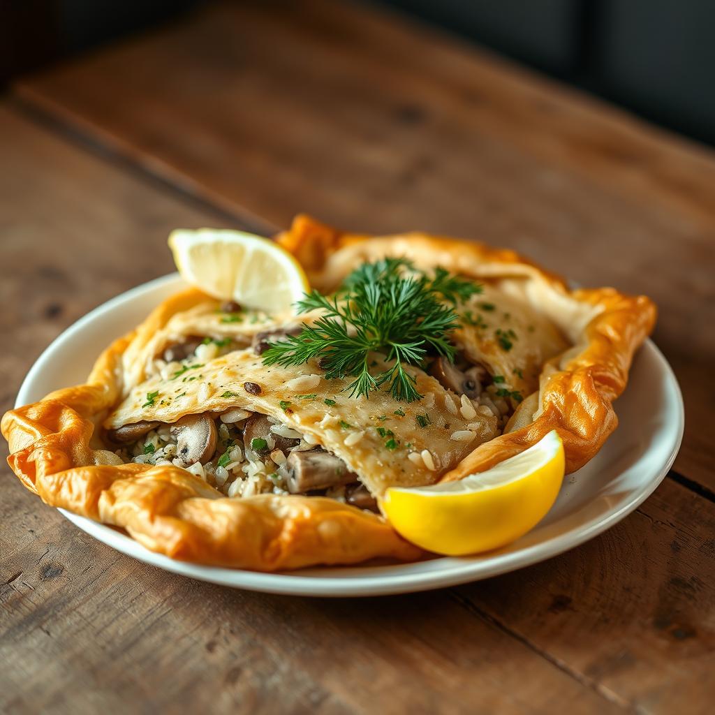 A beautifully arranged plate of Kulebyaka, a traditional Russian dish made with whole wheat dough