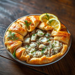 A beautifully arranged plate of Kulebyaka, a traditional Russian dish made with whole wheat dough