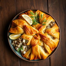 A beautifully arranged plate of Kulebyaka, a traditional Russian dish made with whole wheat dough
