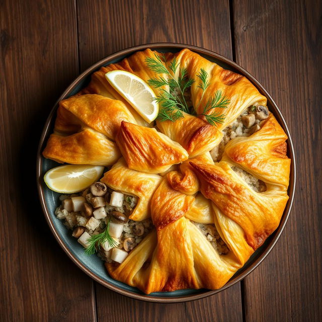 A beautifully arranged plate of Kulebyaka, a traditional Russian dish made with whole wheat dough