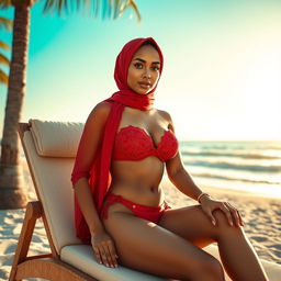A stylish hijabi woman confidently wearing a red bikini, adorned with beautiful and intricate patterns, sitting elegantly on a luxurious beach chair