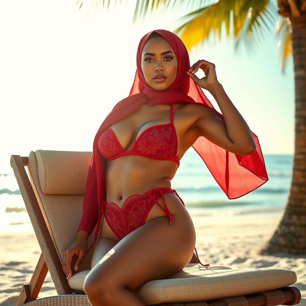 A stylish hijabi woman confidently wearing a red bikini, adorned with beautiful and intricate patterns, sitting elegantly on a luxurious beach chair